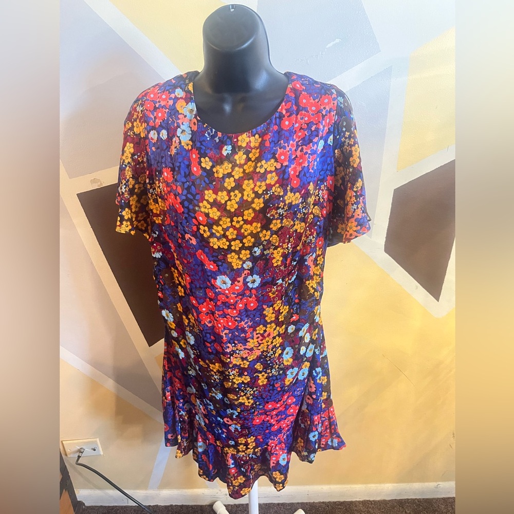 Anthropologie Ruffled Satin Floral Mini Dress | Size 12